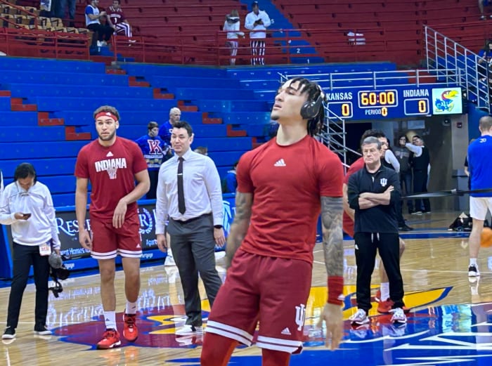 Indiana freshman guard Jalen Hood-Schifino going through pregame warmups at Allen Fieldhouse.